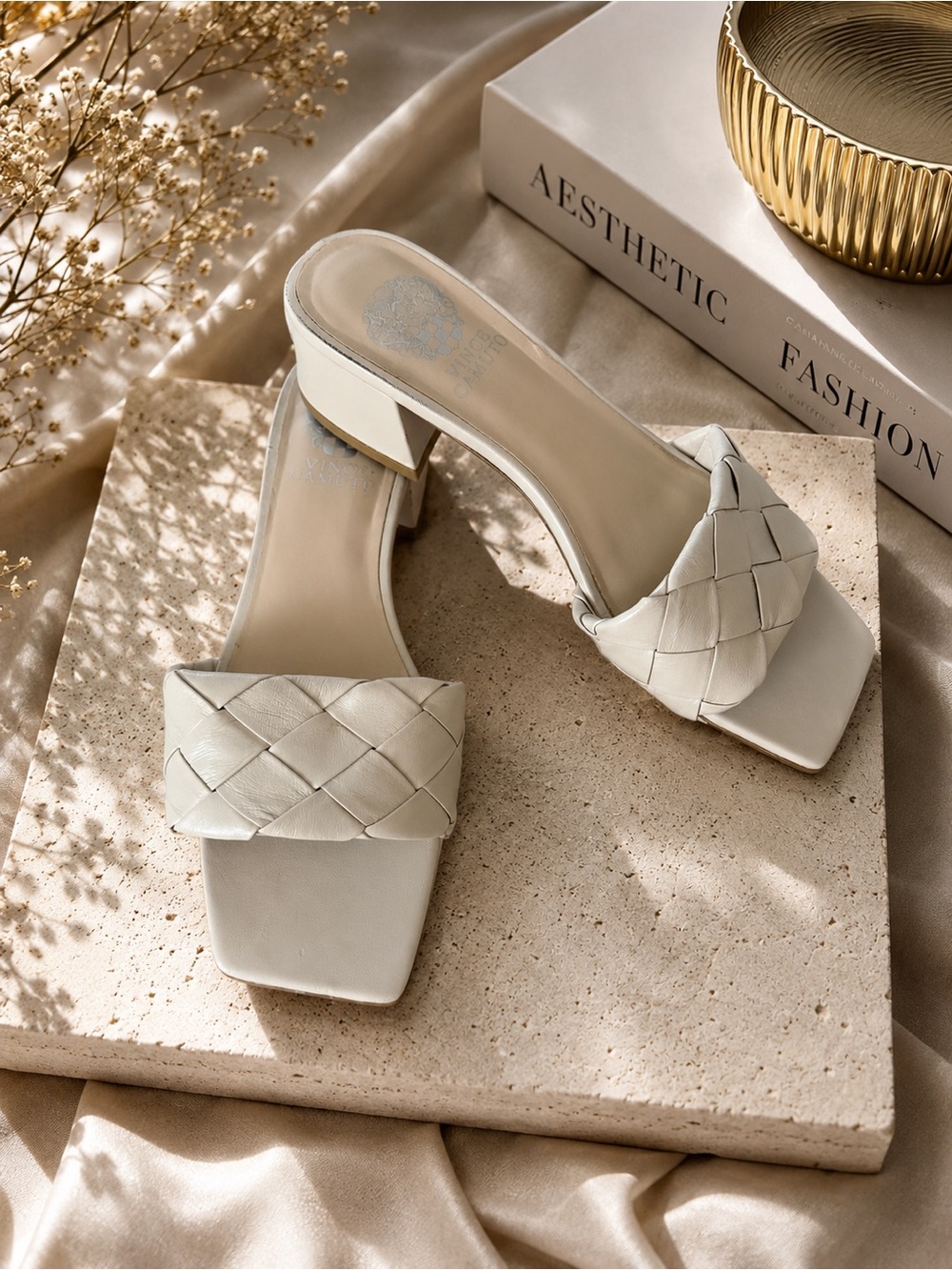 Vince Camuto Woven Slide Mules - Pearl Cream